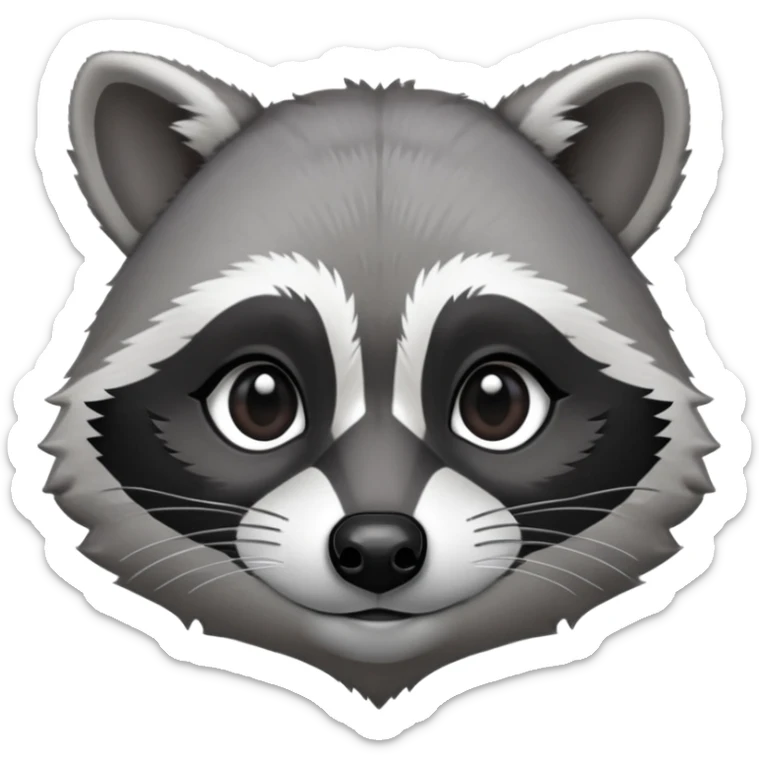 Cinematic-Noble-Raccoon-Portrait-Emoji – Poised and confident, with a sturdy build and a beautifully textured fur of silver-grey accented by dark black facial markings, deep-set, big black eyes, simplified yet sharp and sophisticated zoom out to show shoulders sticker