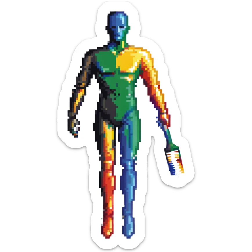 A paintbrush transforming into a metallic human silhouette, symbol of artistic identity sticker