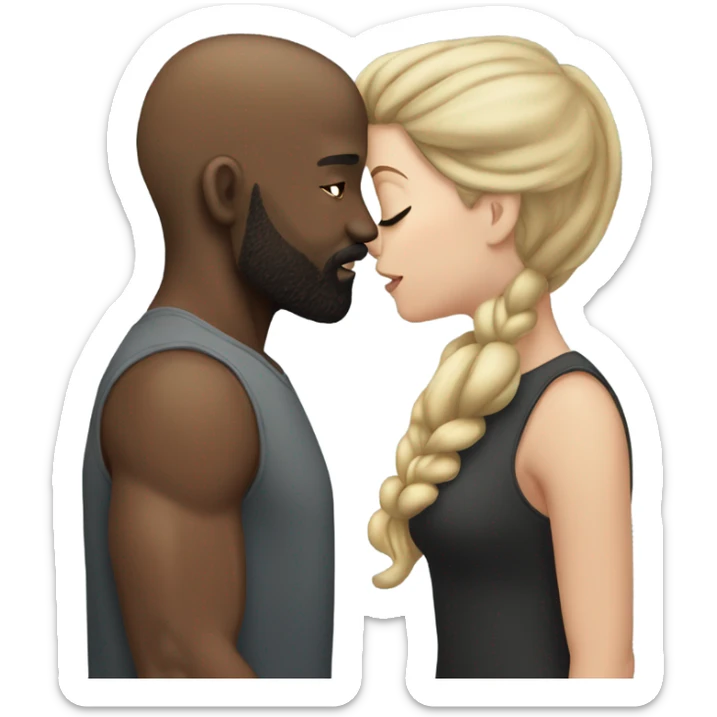 White girl brunette kissing muscular black bald man with beard sticker