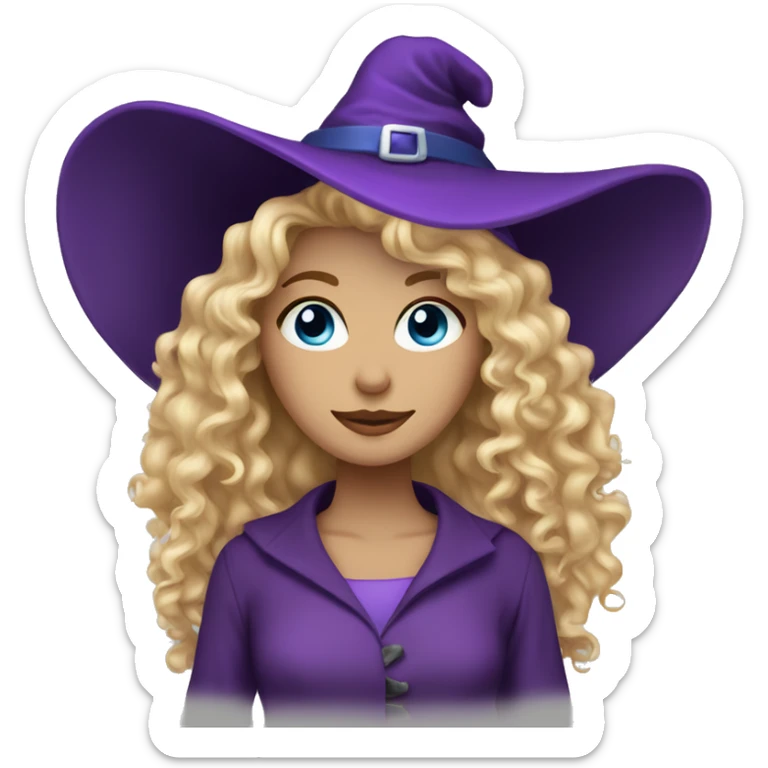 blonde curly hair blue eyes woman with purple witch hat  sticker
