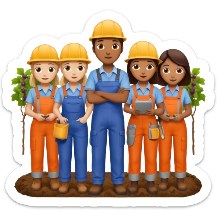 Make a photo of 5 project managers, specificly 3 girls and 2 boys, that are making project for improvment of the vineyard sticker