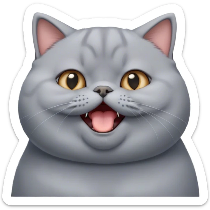 Cinematic Cute Chubby Grey British Shorthair Cat Portrait Emoji, Head tilted playfully and yawning, round and plump body with sleek soft grey fur and subtle blue undertones, Simplified yet adorable features, highly detailed, glowing with a warm, friendly glow, high shine, curious yet calm, stylized with a touch of whimsy, bright and endearing, soft glowing outline, capturing the essence of a mischievous yet loving and lazy kitty, so cute it feels like it could stretch out of the screen and cuddle! sticker