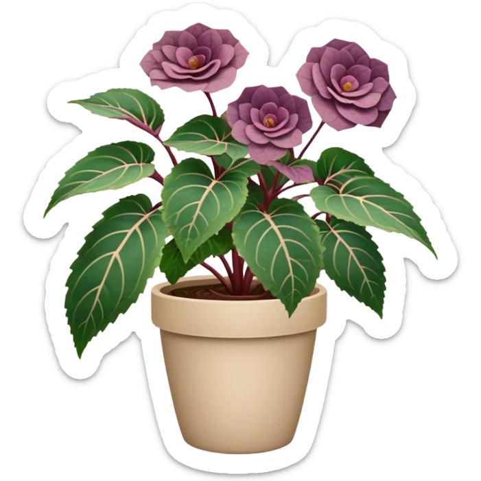 Begonia Rex plant with only greenish-purple spiral patterned leaves in a beige pot, no flowers sticker
