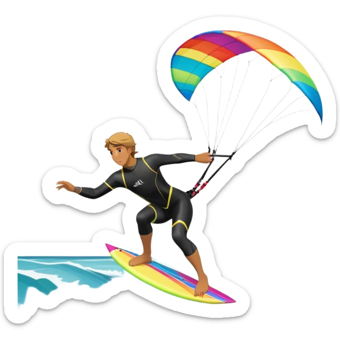 A kite surfer gliding across the water with a colorful kite soaring in the wind. The scene captures the excitement and fluid movement of the sport, with waves splashing around and a clear sky, emphasizing freedom and adventure. sticker