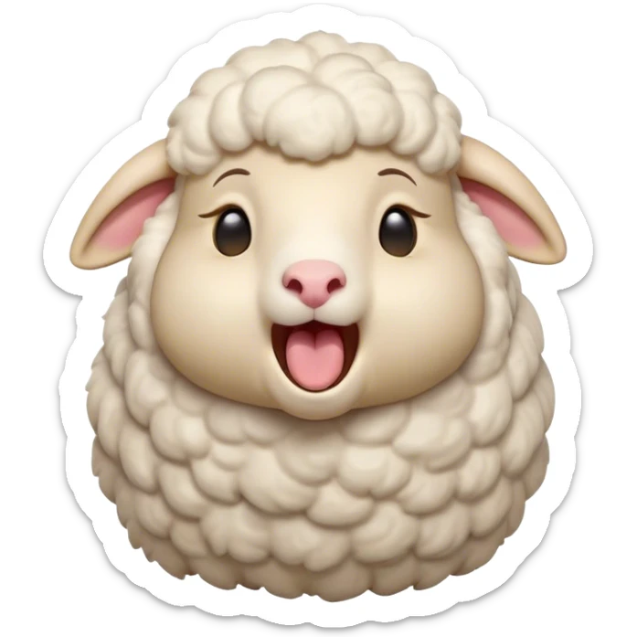 Cinematic Cute Yawning Sheep Portrait Emoji, Head tilted slightly with a dramatic, wide-open yawn, showcasing a soft, downy white fleece with gently drooping ears, round gentle eyes barely open in drowsy contentment, Simplified yet irresistibly adorable features, highly detailed, glowing with a soft, cozy glow, high shine, relaxed yet expressive, stylized with a touch of whimsical charm, bright and endearing, soft glowing outline, capturing the essence of a sleepy yet affectionate sheep, so drowsy it feels like it could stretch out of the screen and curl up for a nap! sticker