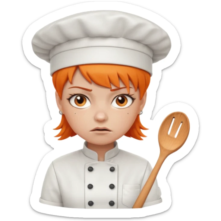 girl, Short orange hair, angry, wearing chef uniform and chef hat sticker