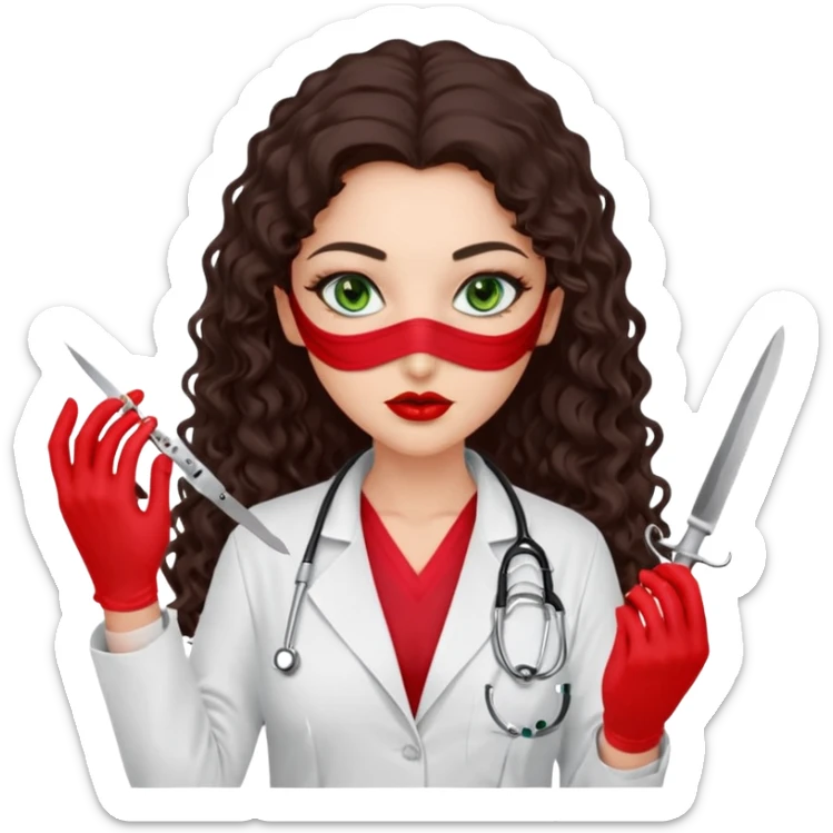 Lilith scalpel sexy evil woman. She has green eyes.  has dark brown long curly hair.  evil surgeon kills holding scalpel.  wears sexy doctor coat with red gloves. Covers only nose neck  and mouth with Muslim red berka  sticker