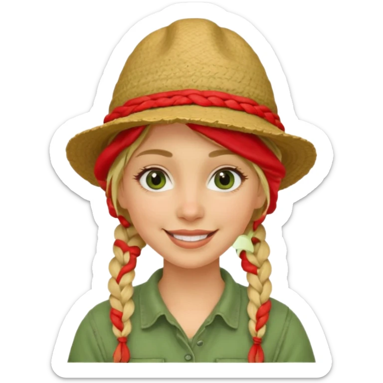 messy green clay mask and red tourist hat blond braided woman big eyes smiling and clay mask sticker