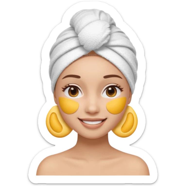 3D emoji style woman with towel head wrap, under-eye patches, smiling softly, clean girl skincare aesthetic, soft studio lighting, smooth skin texture, minimalist beige background, high resolution, PNG sticker