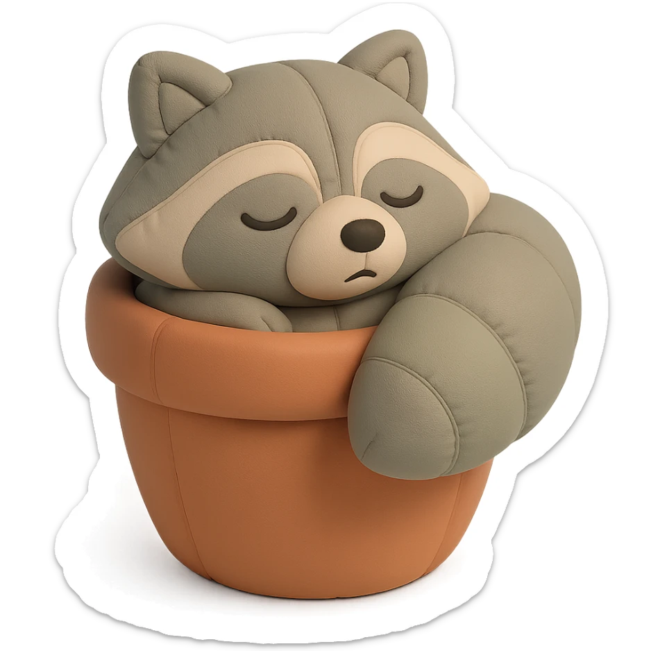 sleepy raccoon inside a flower pot, pastel earthy colors, cushion style sticker