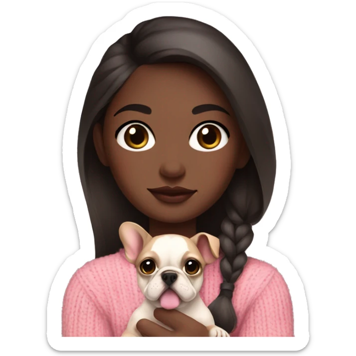 Dark brown haired girl, dark brown eyes, brown skin, long lashes, big 2 toned lips, pink sweater, holding a French bulldog in arms sticker