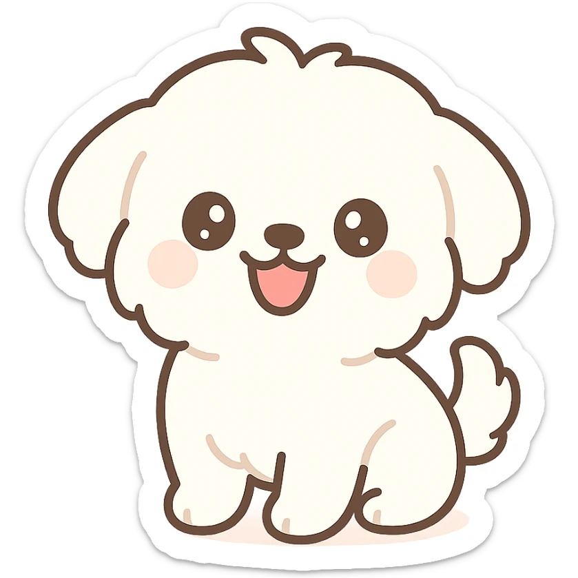 cute Maltese dog laughing, fluffy white fur, big eyes, playful expression, kawaii style sticker
