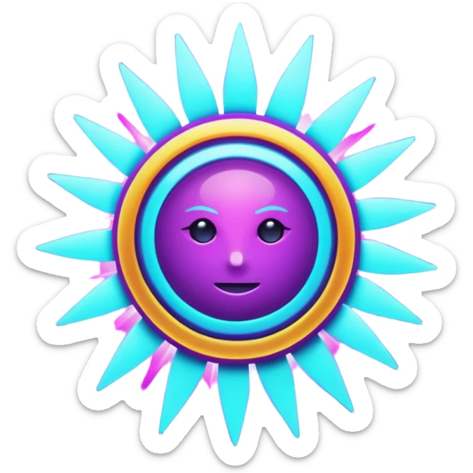 Futuristic glowing sun, neon rays, bright holographic purple and cyan glow, dark background, digital tech style sticker