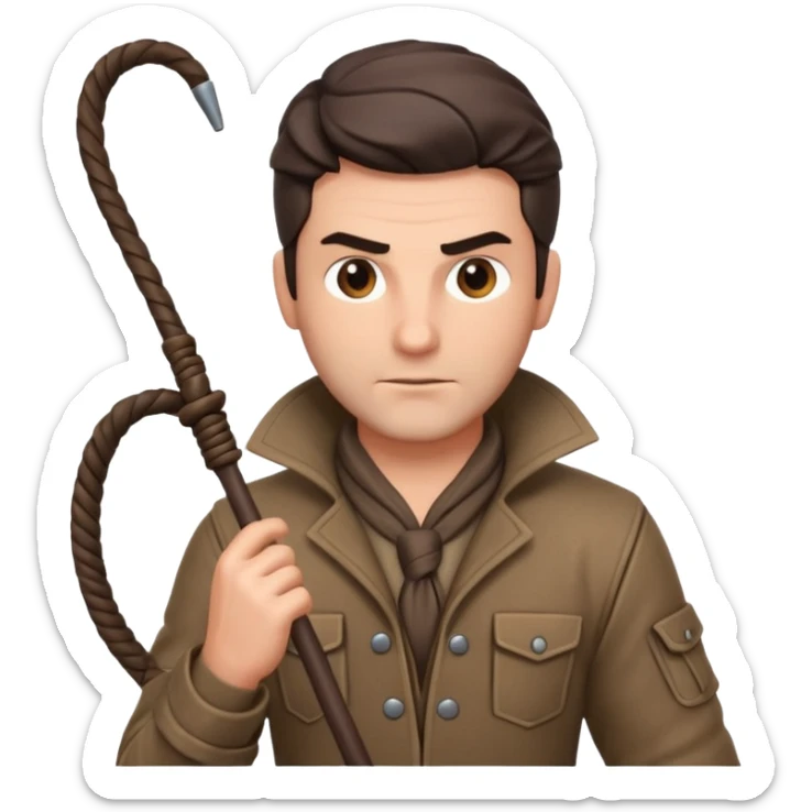 man with a whip portrait, head and shoulders only, whip coiled on shoulder, rugged outfit, confident look, 3D cartoon, mobile game icon style, clean background, no text, no watermark
 sticker