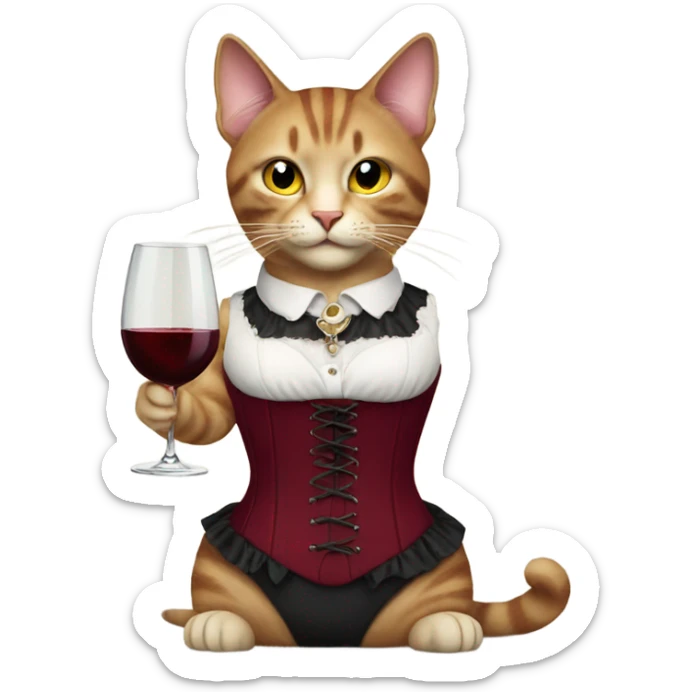 A cat in a burgundy corset with a glass of wine sticker