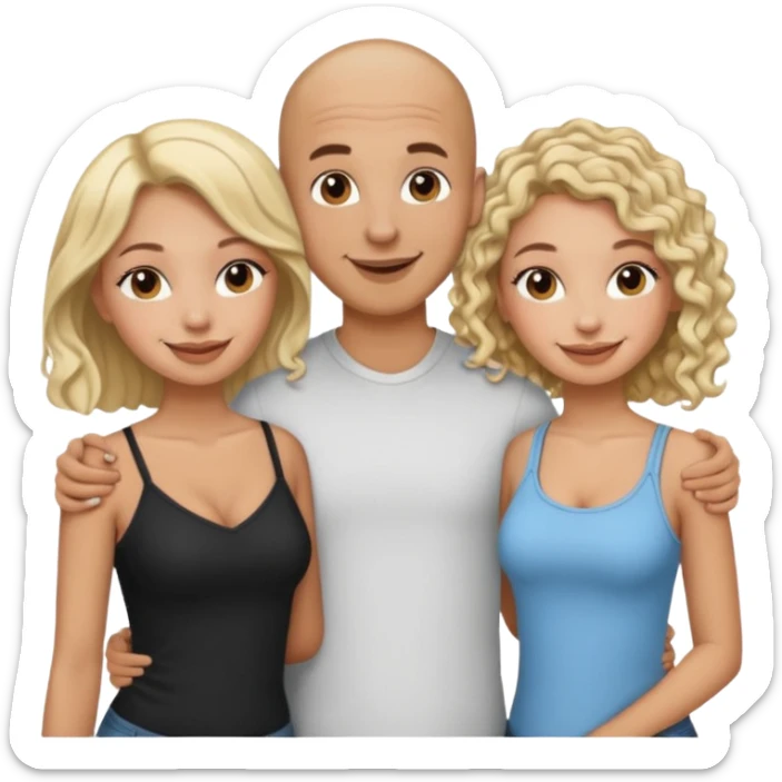 throuple tatted bald boyfriend with two girlfriends, one long blonde hair, other short curly brunette  sticker