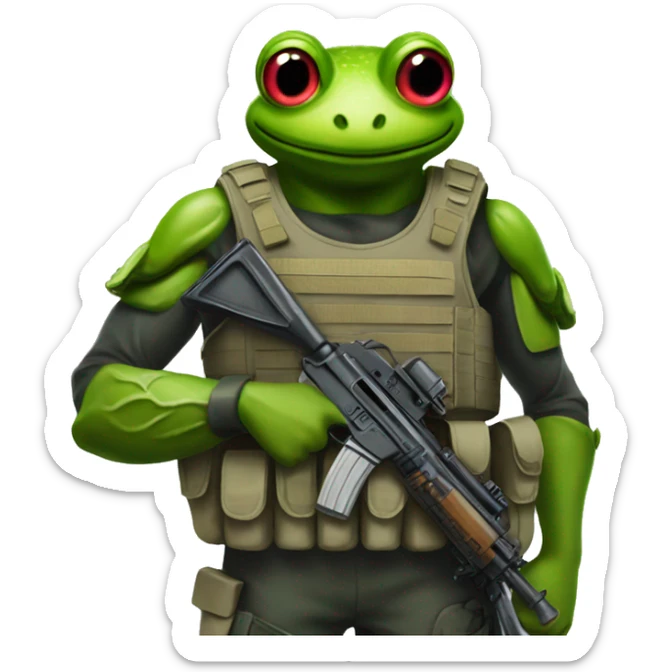 a soldier with a frog head with a weapon in his hand in a bulletproof vest sticker