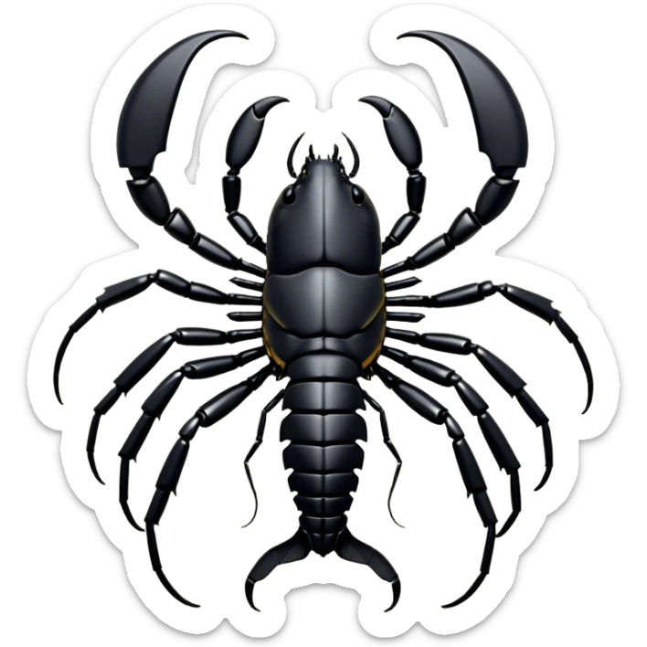 Cinematic Noble Emperor Scorpion Portrait Emoji, Poised and formidable, with a robust, armored build and a glossy, jet-black exoskeleton accented by striking, segmented pincers, deep-set piercing eyes, Simplified yet sharp and sophisticated features, highly detailed, glowing with a cool, dignified glow, high shine, intelligent and imposing, stylized with an air of ancient desert majesty, focused and attentive, soft glowing outline, capturing the essence of a watchful and commanding scorpion that feels as though it could silently creep out of the screen with effortless authority! sticker
