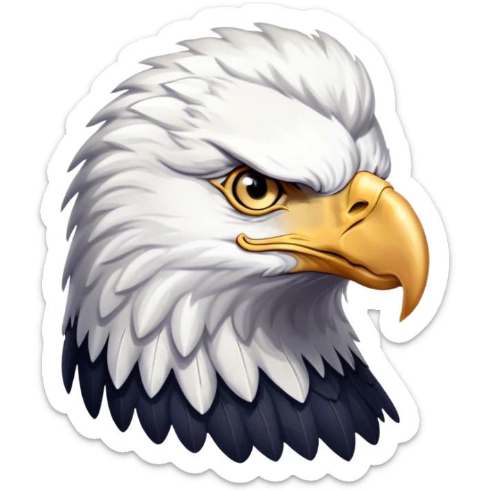 Cinematic Noble American Eagle Portrait Emoji, Poised and regal, with a powerful, broad build, a distinctive white-headed silhouette contrasting a dark, formidable body, and piercing, intense eyes, Simplified yet sharp and sophisticated features, highly detailed, glowing with a soft, majestic radiance, high shine, intelligent and commanding, stylized with an air of national pride, focused and vigilant, soft glowing outline, capturing the essence of a watchful and confident American eagle that appears ready to soar out of the screen with effortless authority! sticker