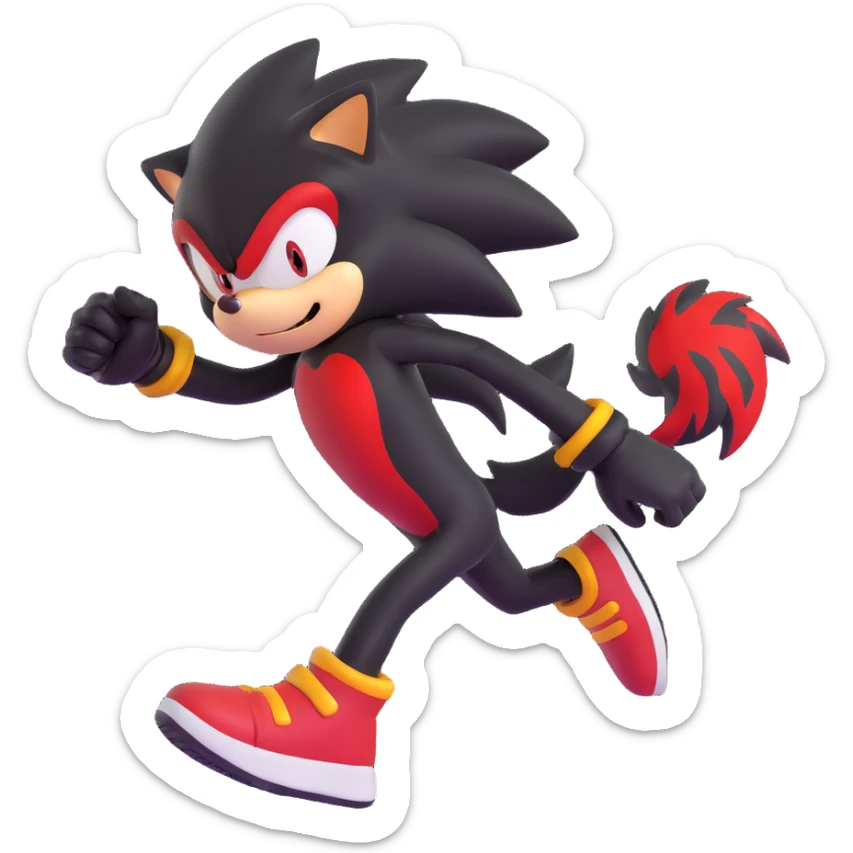 Shadow the Hedgehog running at high speed, red and black color palette, energetic sticker