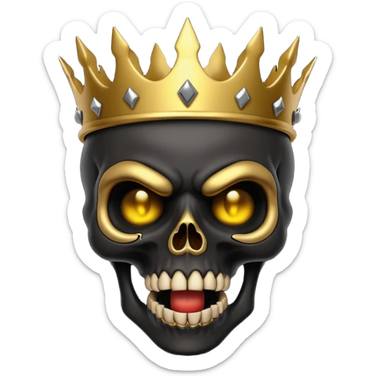 Demonic 3D skull holding its head in shock, mouth open, wearing a golden crown, dark horror vibe sticker