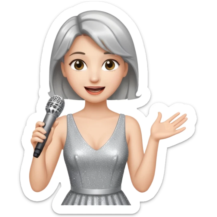 A female singer in sparkling dress holding a mic with emotional expression sticker