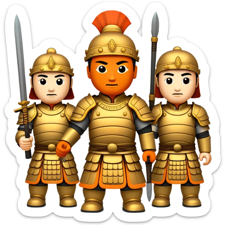 Terracotta Army Xi'an, simplified emoji style with bold outlines and bright colors, cartoon style ancient warrior statues sticker