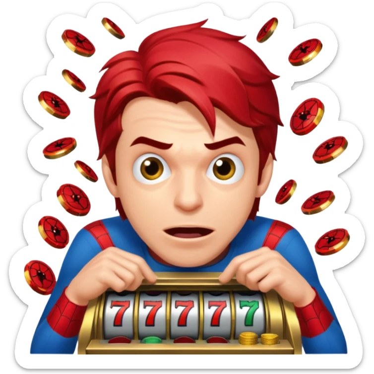 disheveled spiderman losing money at a slot machine, panicked face, coins flying sticker