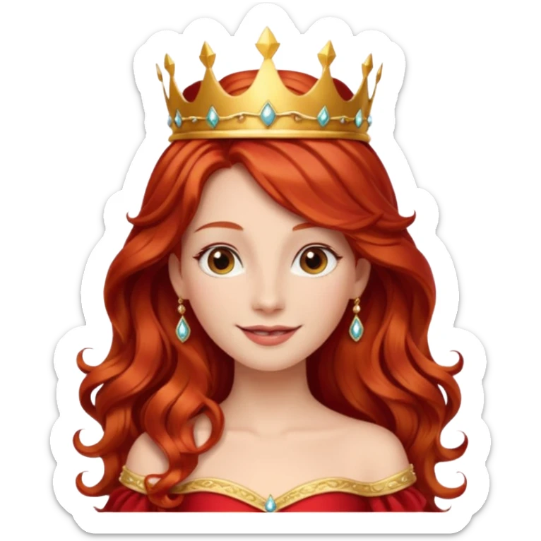 Red Haired Princess, Elegant Princess – long wavy red hair, gold crown, red-white gown, calm smile. sticker