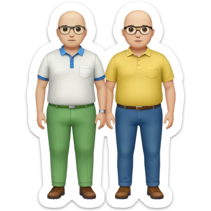 two guys, the first guy is white bald have glases a white dressshirt with rolled up sleeves and green pants he is over weight, The second guy has a yellow skin white golf shirt blue jeans and bald they should stand next to eachother sticker