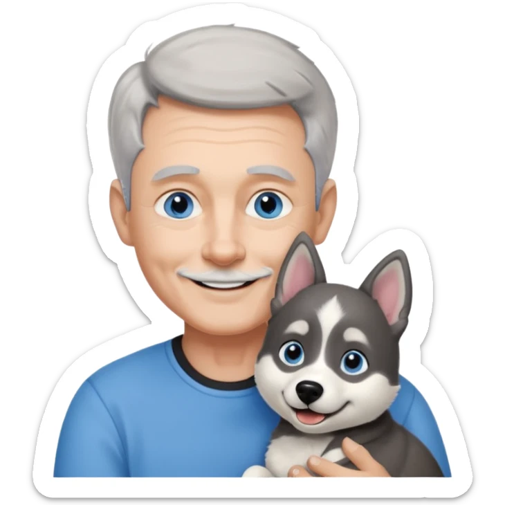 A 60 year old man with blue eyes and short light gray hair and slightly big ears, holding a black and white husky dog with floppy ears and white tuft eyebrows, both smiling sticker
