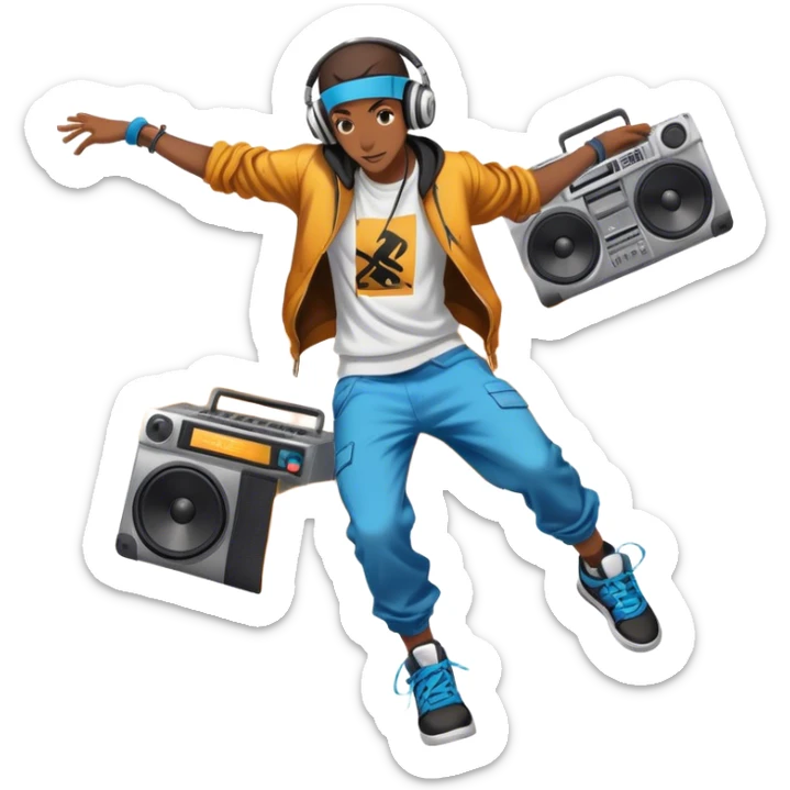 Icon for Street Dance: a dancer in urban streetwear performing a dynamic breakdance move, with a spray-painted background  and boombox nearby,  headphones. The icon should represent the energy, style, and creativity of street dance culture. Transparent background. sticker