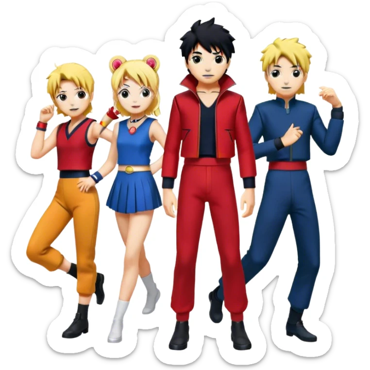 Icon for Anime Collage: Characters from Cowboy Bebop, Naruto, Bishoujo Senshi Sailor Moon and Kimetsu no Yaiba, each in their iconic poses and vibrant outfits, blended together with dynamic backgrounds. Transparent background. sticker