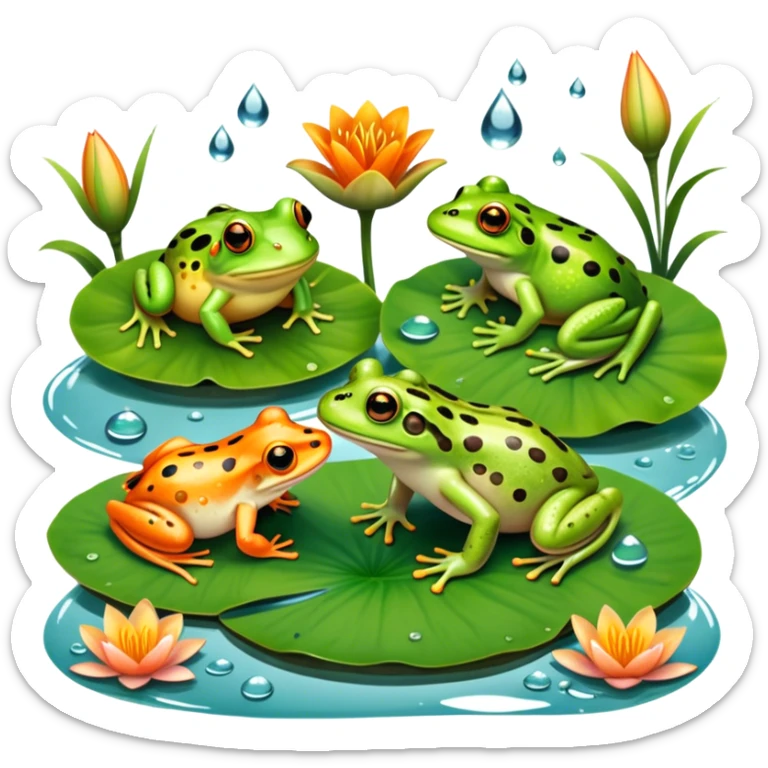 Icon for Amphibians: A colorful collage with various amphibians like a bright green frog sitting on a lily pad, a small salamander with orange spots, and a toad with bumpy skin. Water droplets around them and a pond in the background. Transparent background. sticker