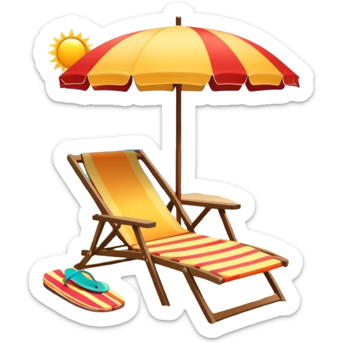 Icon for Beach Tourism: a sunny beach with the sea and waves, a lounge chair, a sun umbrella, and flip-flops on the sandy shore. The background should be a clear, vibrant ocean view with the sun shining brightly. Transparent background. sticker