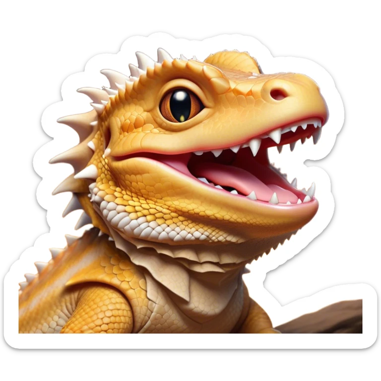 Cinematic Cute Yawning Bearded Dragon Portrait Emoji, Head tilted slightly with a dramatic, wide-open yawn, showcasing a soft, textured scaled hide with its spiky beard partially drooped and eyes barely open in drowsy contentment, Simplified yet irresistibly adorable features, highly detailed, glowing with a soft, cozy glow, high shine, relaxed yet expressive, stylized with a touch of reptilian whimsy, bright and endearing, soft glowing outline, capturing the essence of a sleepy yet affectionate dragon, so drowsy it feels like it could stretch out of the screen and curl up for a nap! sticker