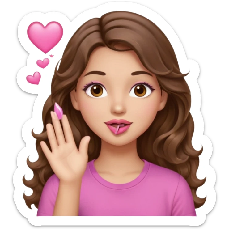 girl with long wavy brown hair, brown eyes, light to medium complexion, in a pink shirt, pink lips, long lashes, blowing a kiss sticker