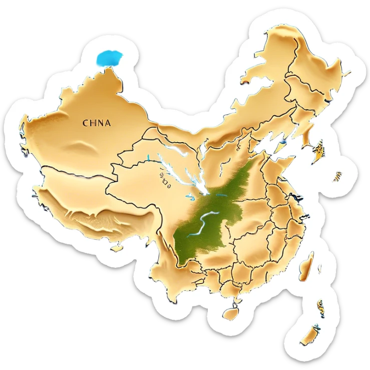 Cinematic-realistic outline of china, featuring its distinct landmass with accurately defined coastlines. The deep blue ocean surrounds the golden-brown continent, with subtle topographic shading to highlight its terrain. A soft glowing effect enhances the edges, making the shape stand out against a neutral, textured background. sticker