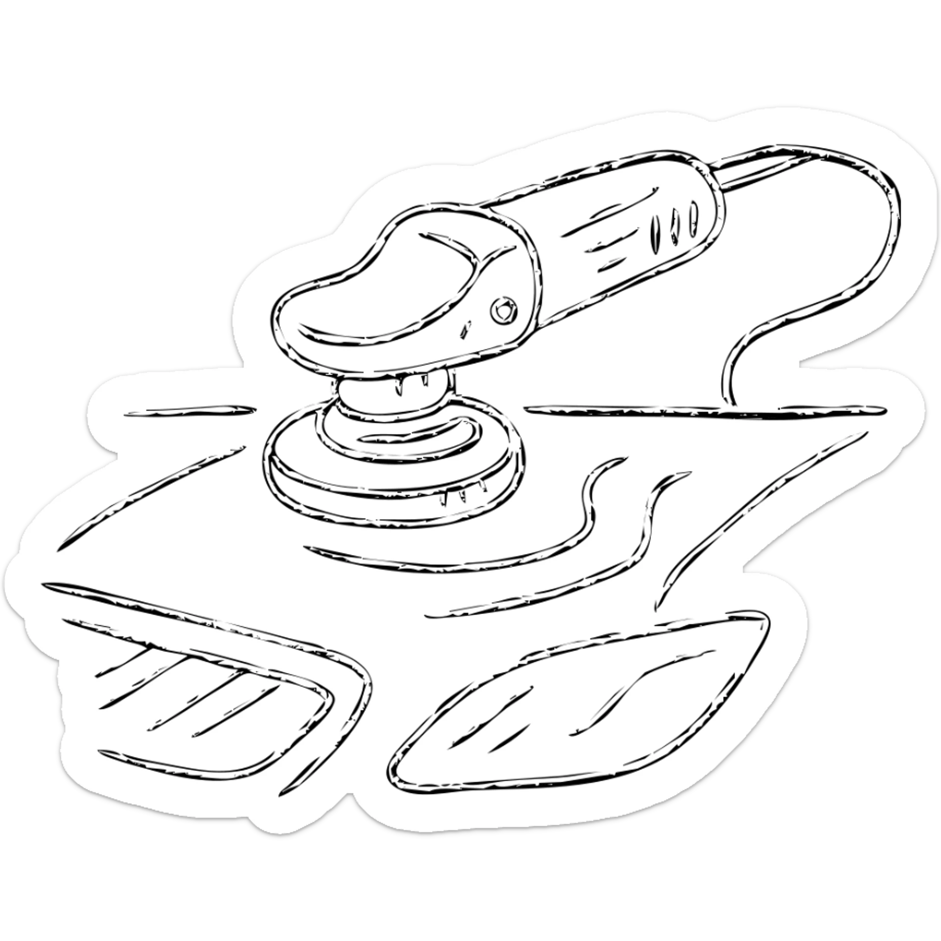 hand-drawn outlined icon of a polishing machine on a black car hood, silver details, reflection and soft shine waves, clean and modern sticker