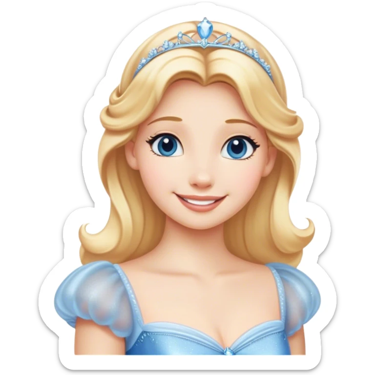 Cinematic Radiant Cinderella Portrait Emoji, rendered in a clean vector-style with bold proportions. Show Cinderella with a warm, serene smile, fair skin, and lustrous blonde hair, wearing a simple yet elegant dress that shimmers with gentle light. The image glows with an inviting, soft radiance and high shine, embodying timeless beauty. sticker