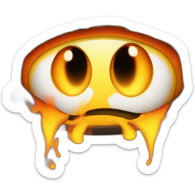 a cartoonish yellow-orange figure from Burny Games, with a dome-shaped body, flames at the top, large dark eyes, and a red tongue sticker