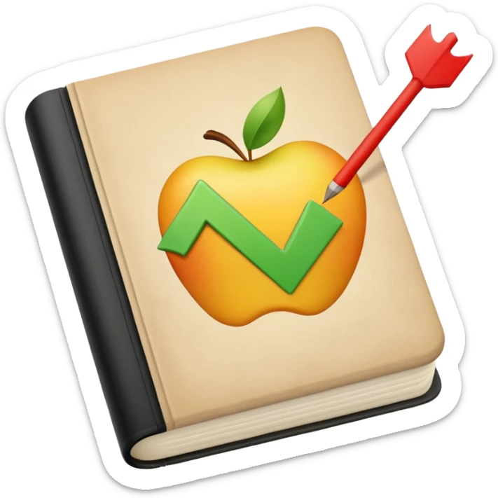 apple style emoji of an open trading wisdom journal with market lessons, trader’s reflections, key adjustments, checkmark for discipline, thought bubble for reflection, upward arrow for progress, clean minimalist design sticker