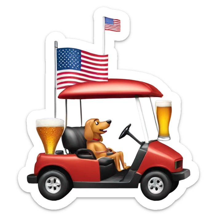 Hot dog driving a golf cart drinking a beer with an American flag sticker