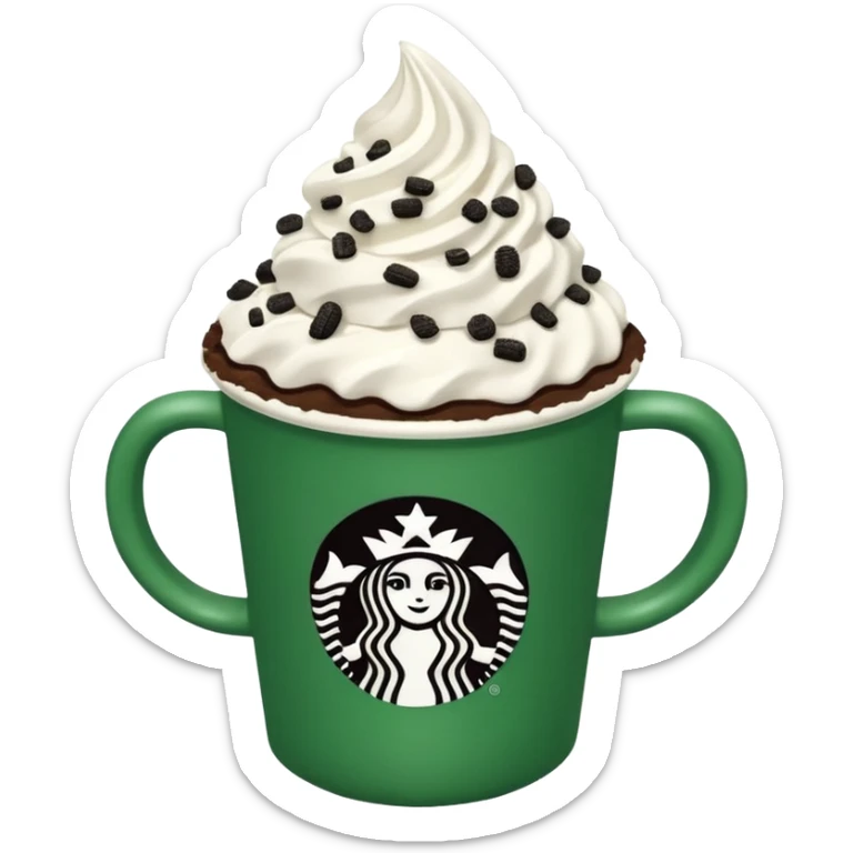  Starbucks hot cocoa with whipped cream and Oreo cookie crumbles in a green Starbucks cup  sticker