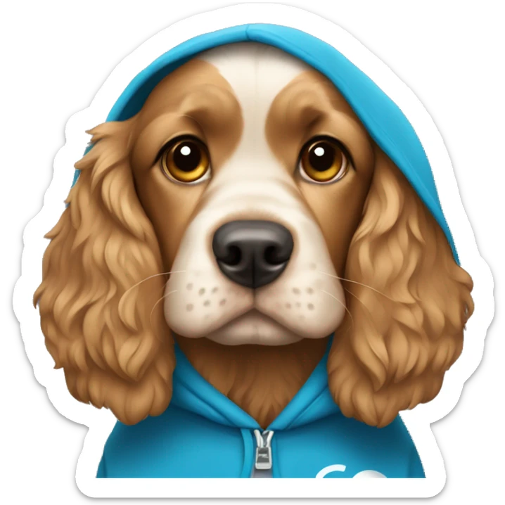 Cocker spaniel wearing a blue hoodie with the logo of toncoin sticker