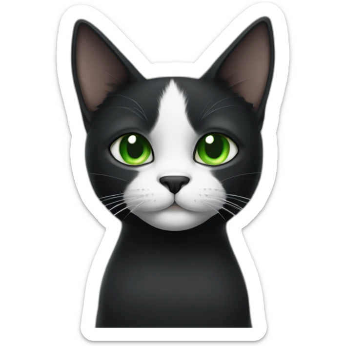 A black cat with green eyes with a white mustache, a white stripe on its nose, a full-length white breast and white paws sticker