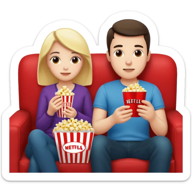 Crea un emoji dove si vedono un uomo e una donna mangiano i pop corn su un divano e guardano la televisione, nella televisione ci deve essere scritto netflix sticker