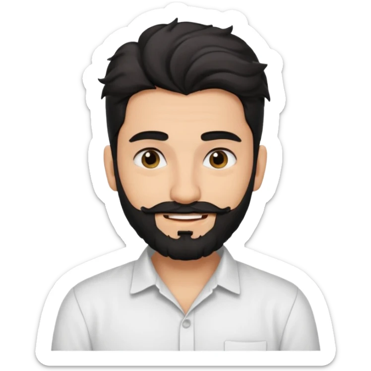 young fair skin Pakistani man smiling with black beard, wavy hair pushed back and squinted eyes and thick eyebrows sticker