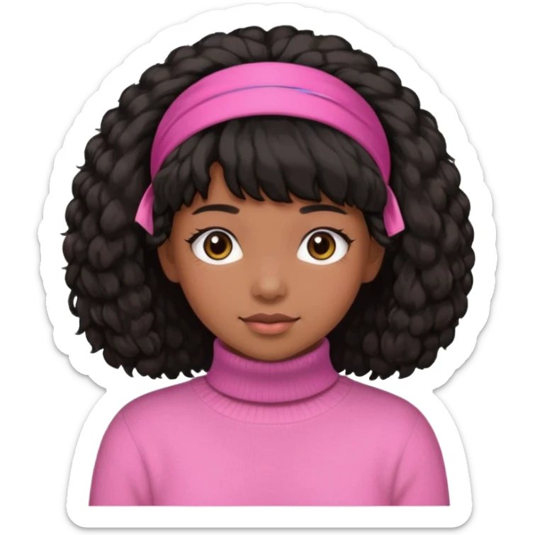 black fluffy haired girl with pink turtleneck sweater and hair band sticker