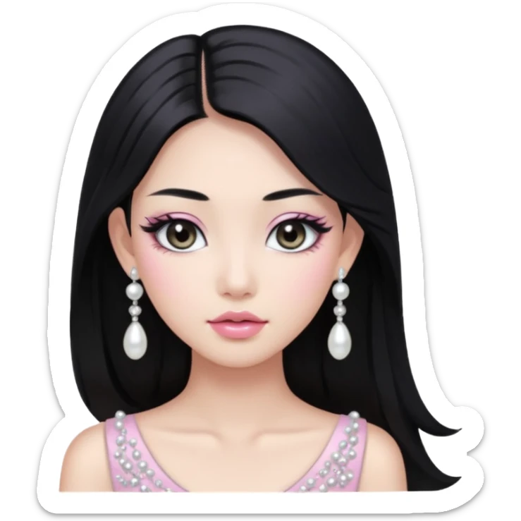 asian long black hair silver grey eyes glossy lips glittery white and light pink eyeshadow girl pearl earrings sticker